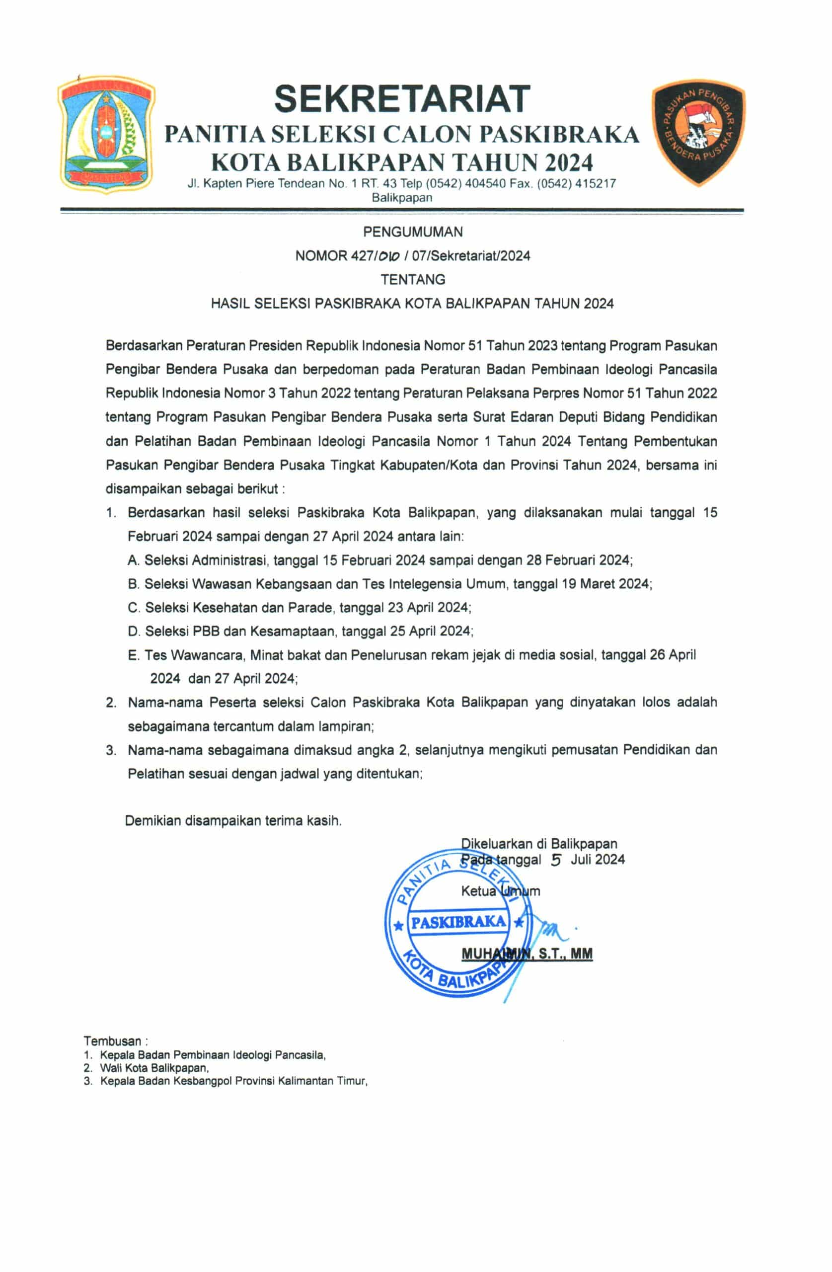 PENGUMUMAN HASIL SELEKSI PASKIBRAKA KOTA BALIKPAPAN TAHUN 2024